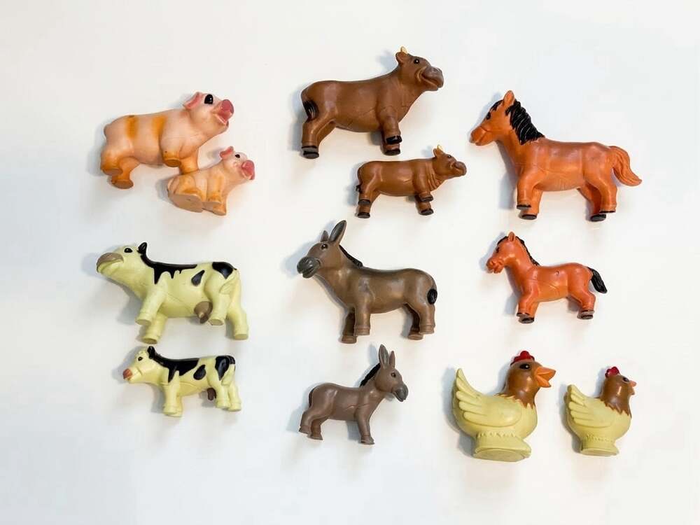 Lot of 12 Vinyl Rubber Farm Animal Figures Parent & Baby Pairs Cow Horse Pig